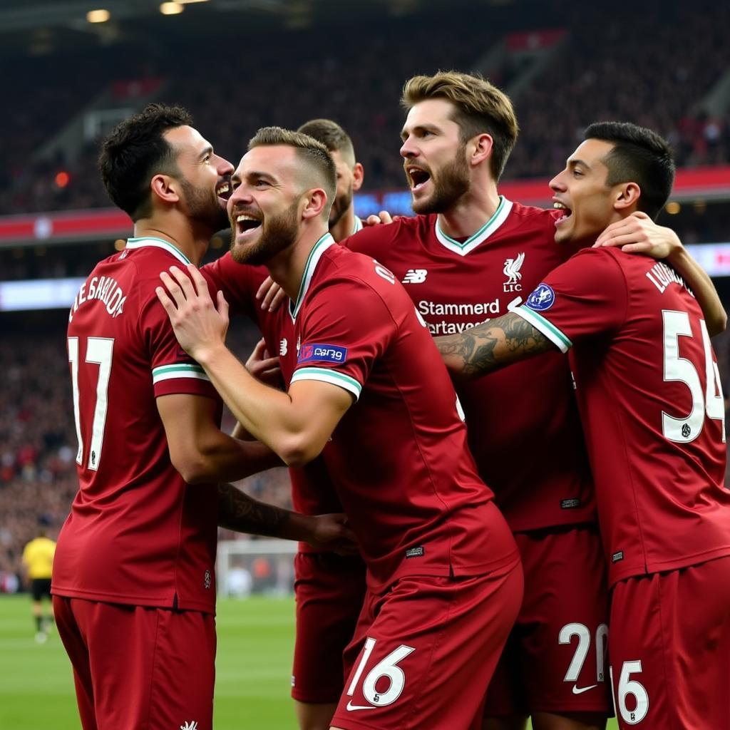 Cầu thủ Liverpool ăn mừng chiến thắng trước MU năm 2018