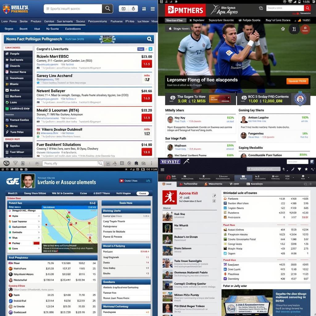 Multiple screens displaying live scores and match statistics from different sports news websites.