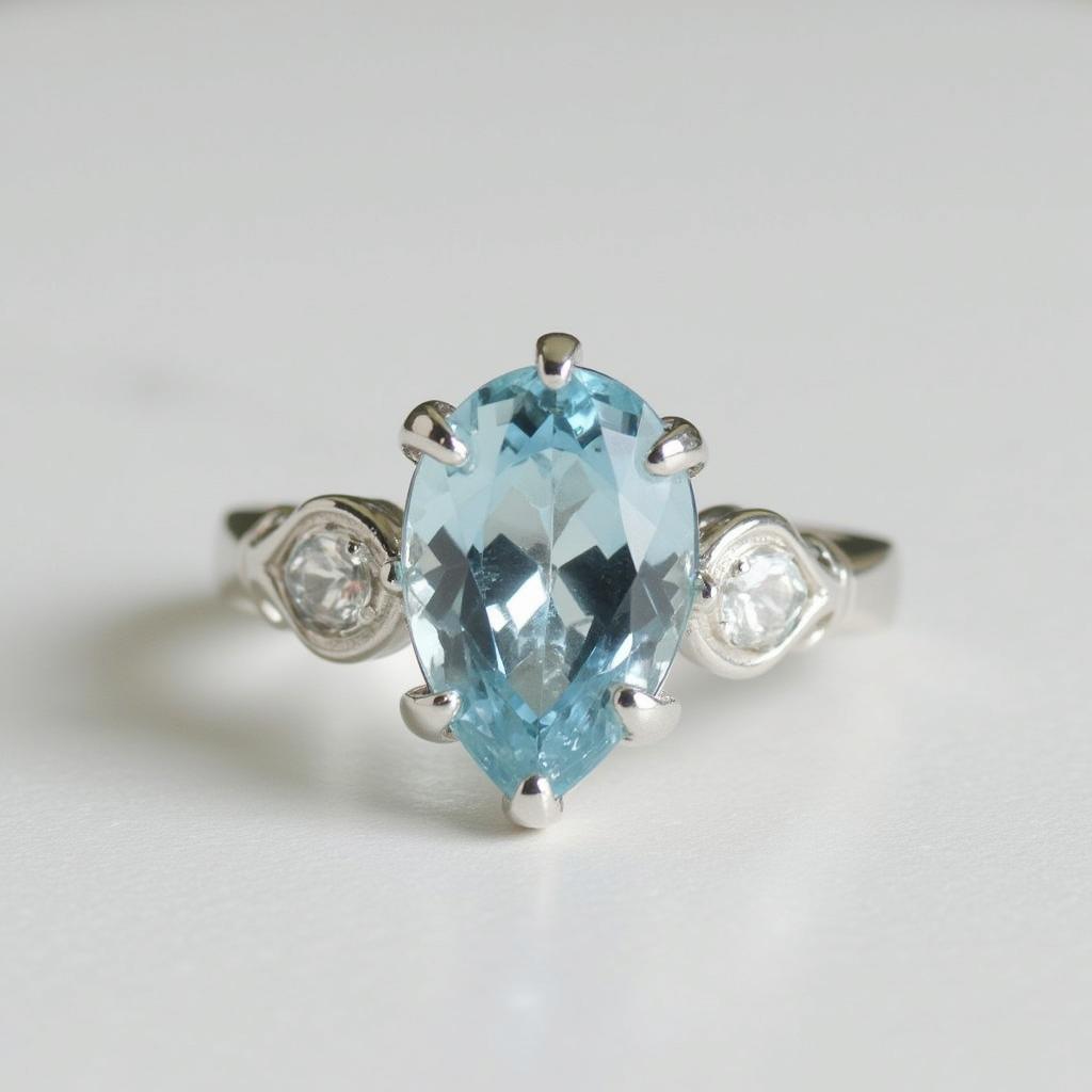 Nhẫn đá Aquamarine đính trên vàng trắng sang trọng