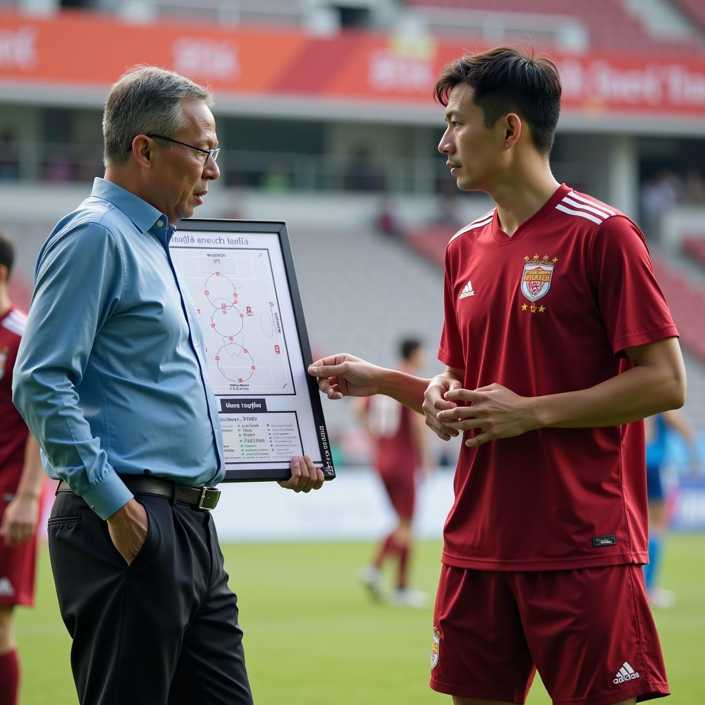 Phân tích chiến thuật đội tuyển Việt Nam tại AFF Cup: Huấn luyện viên Park Hang-seo đang chỉ huy chiến thuật cho các cầu thủ trên sân.