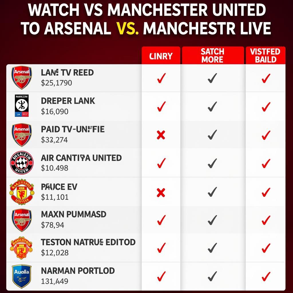 Bảng so sánh các phương pháp xem trực tiếp trận đấu Arsenal vs Manchester United, bao gồm Acestream, truyền hình trả tiền và nền tảng trực tuyến, dựa trên các tiêu chí chi phí, chất lượng và tính tiện lợi.