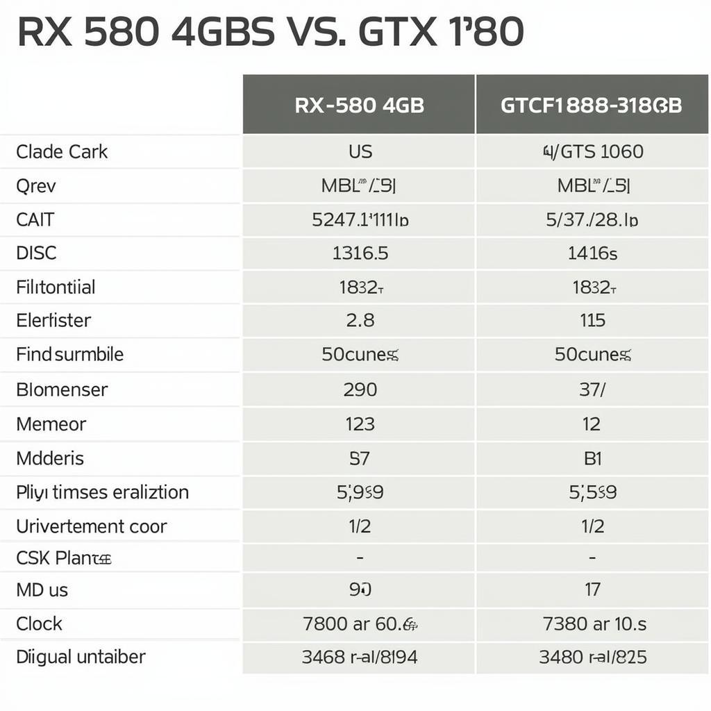 So sánh chi tiết các thông số kỹ thuật của RX 580 4GB và GTX 1060 bao gồm xung nhịp, băng thông bộ nhớ và mức tiêu thụ điện