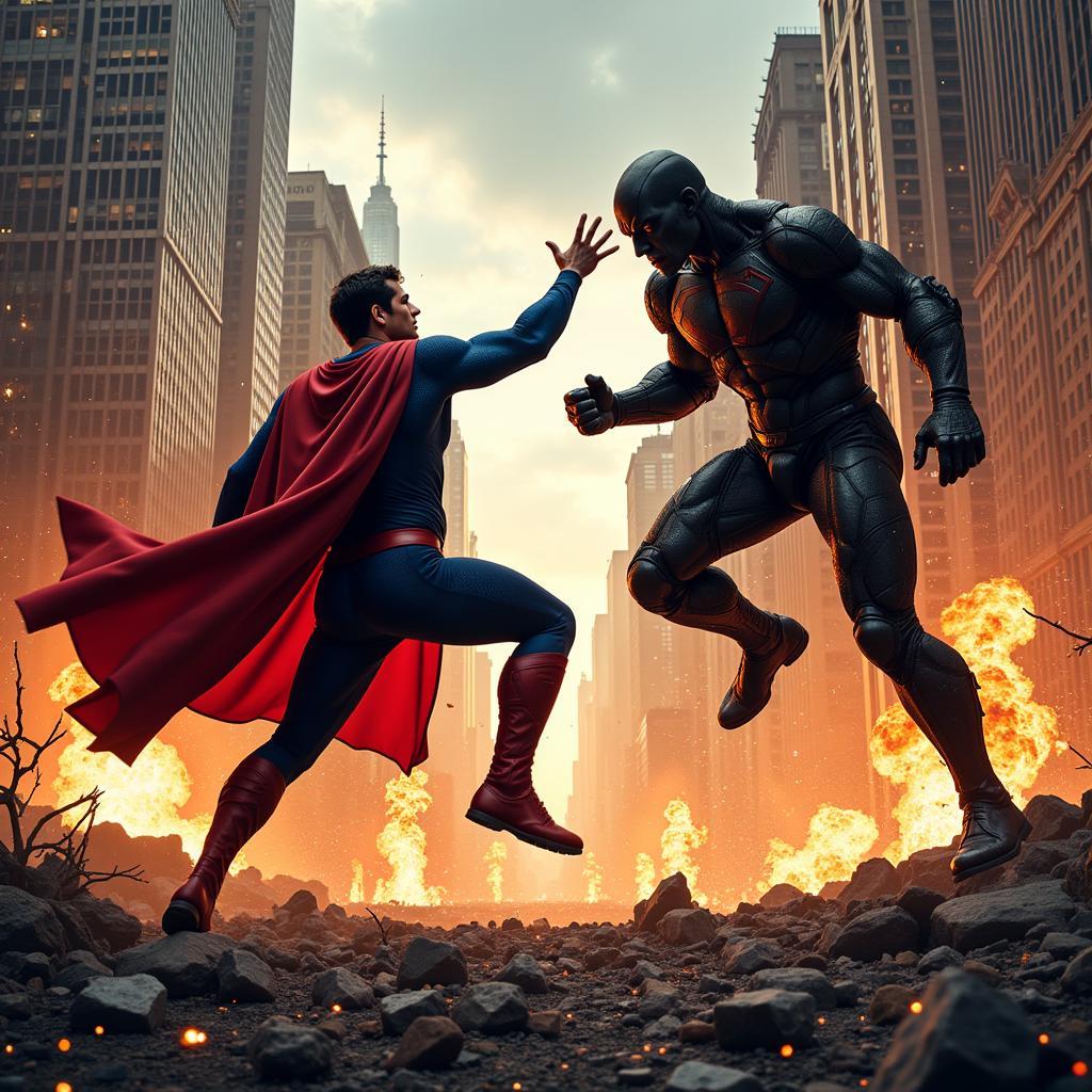 Superman and Zod Battle Amidst Metropolis Destruction