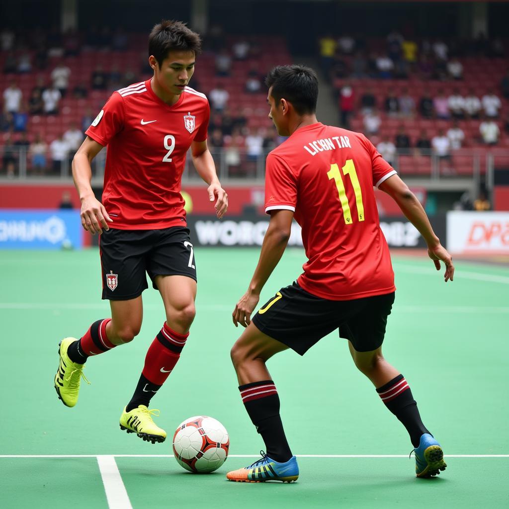 Tình huống tranh chấp bóng giữa hai cầu thủ Việt Nam và Nhật Bản trong trận đấu futsal.