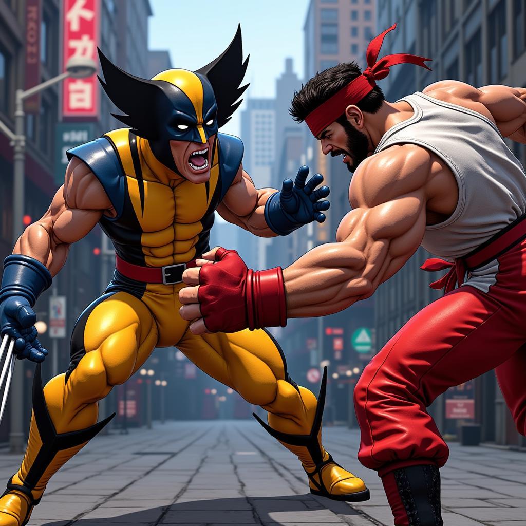 Trận đấu giữa Wolverine và Ryu trong X-Men vs. Street Fighter trên PS1