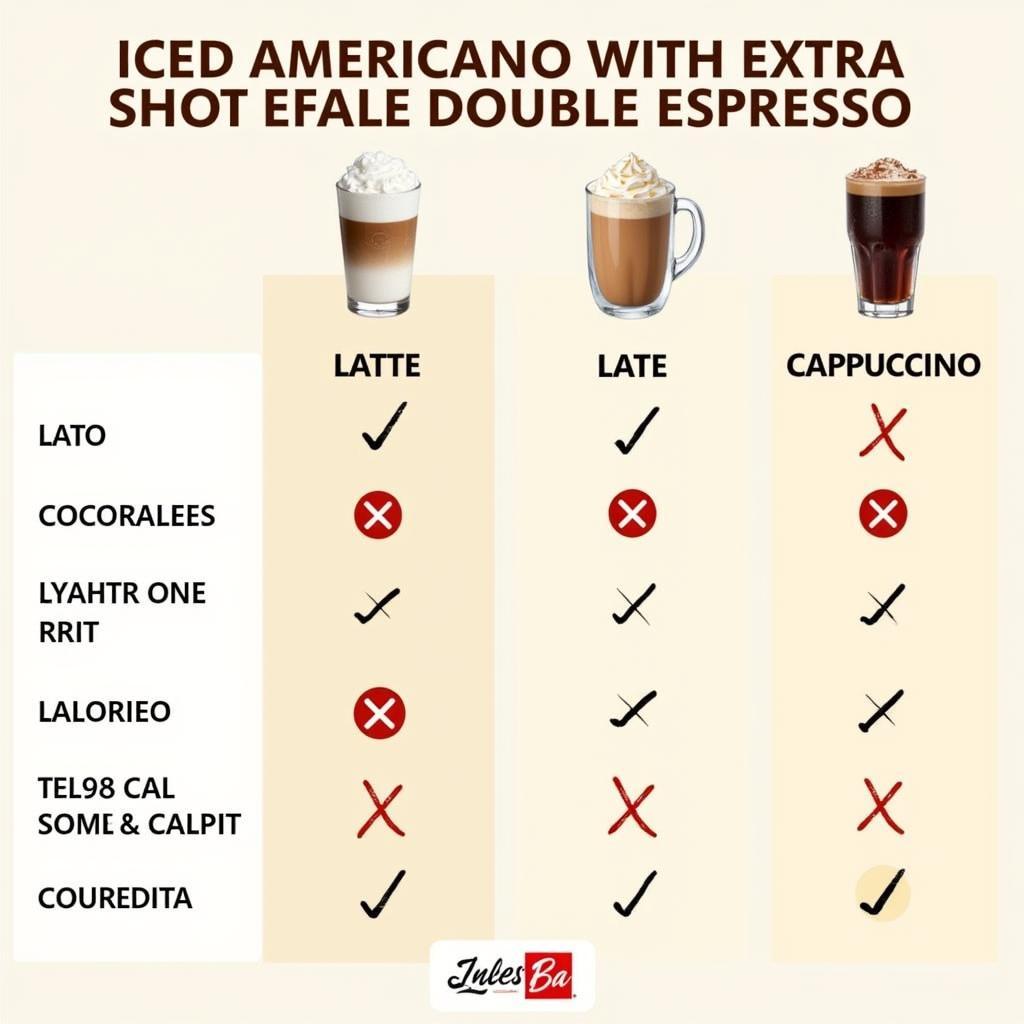 So sánh Americano đá extra shot double espresso với Latte và Cappuccino về hương vị và hàm lượng calo