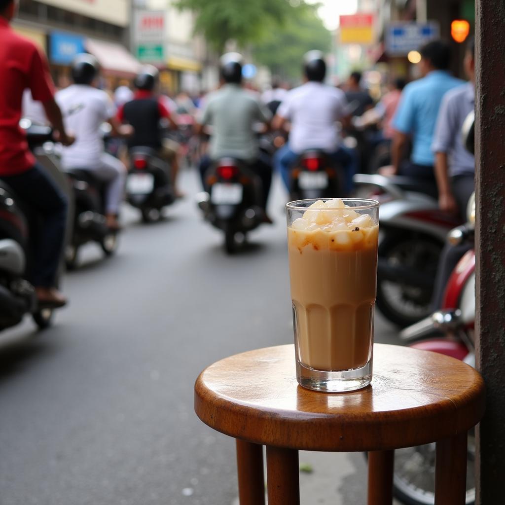 Cảnh nhộn nhịp góc phố Sài Gòn, với ly cà phê sữa đá đặt trên bàn nhỏ, xung quanh là xe cộ và người qua lại.