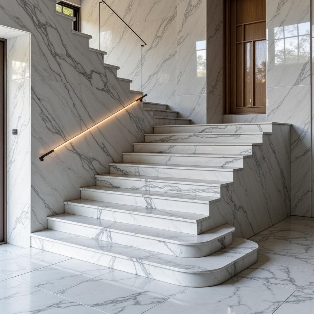 Cầu thang ốp đá marble xám vân mây sang trọng