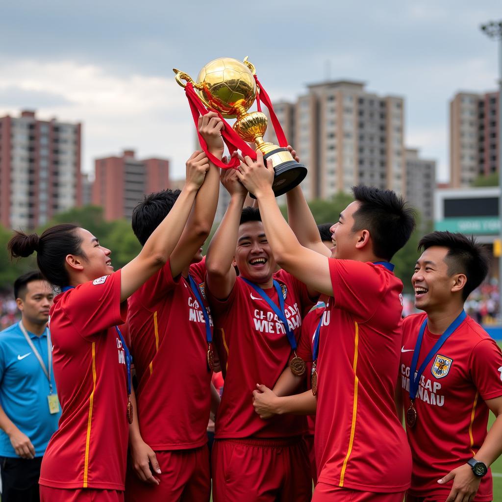 Hành trình vô địch bóng đá nam SEA Games 31: Hình ảnh các cầu thủ ăn mừng chiến thắng, nâng cao cúp vô địch.