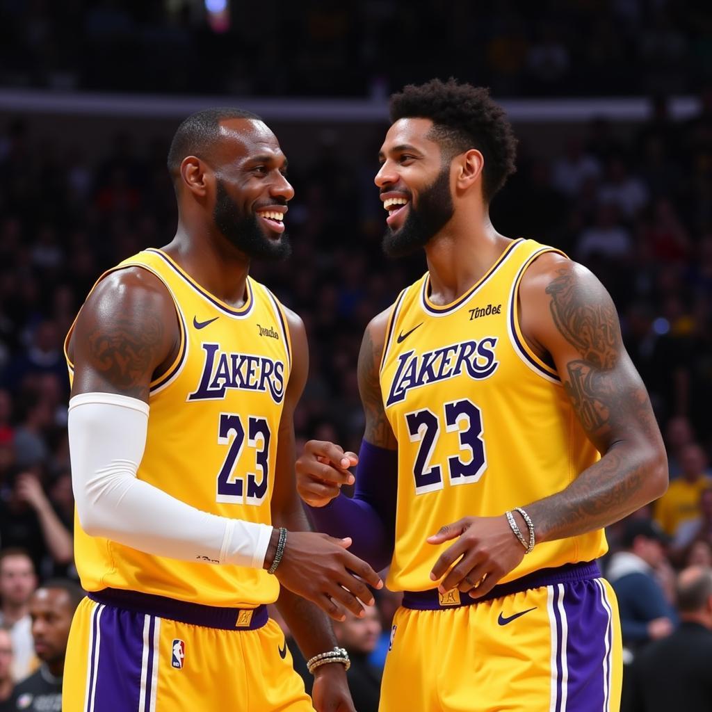 LeBron James và Anthony Davis ăn mừng chiến thắng