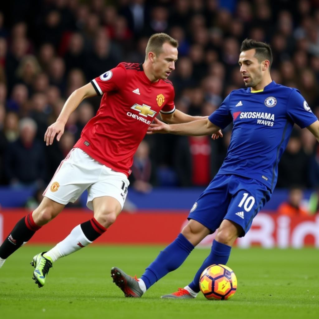 Xem Trực Tiếp Man Utd vs Chelsea: Hình ảnh trực tiếp trận đấu giữa Man Utd và Chelsea, với các cầu thủ đang tranh bóng quyết liệt.