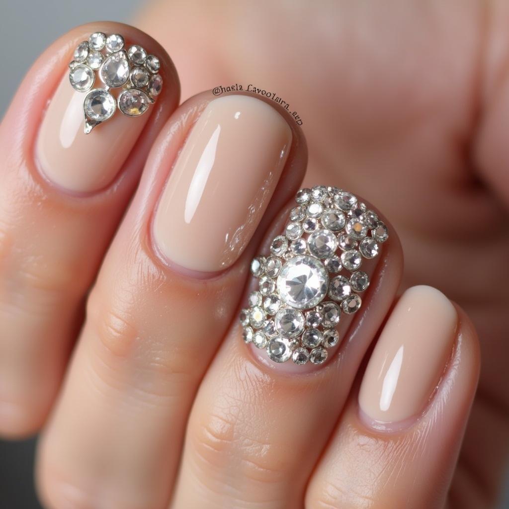 Mẫu nail đính đá đẹp lấp lánh với các viên đá được sắp xếp tinh tế trên nền móng tay màu nude.