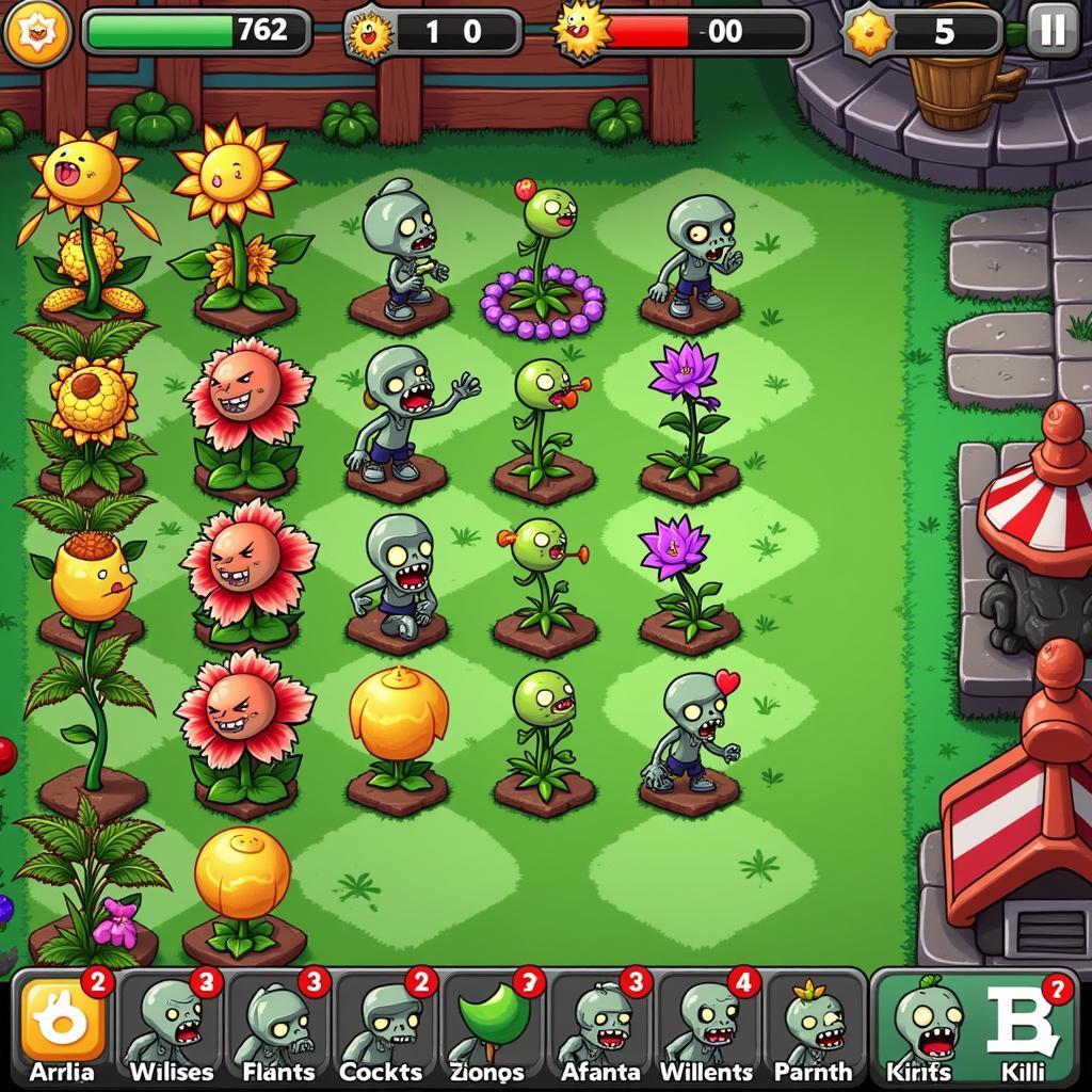 Màn hình chơi Plants vs. Zombies 1 với hàng phòng thủ cây trồng chống lại lũ zombie.