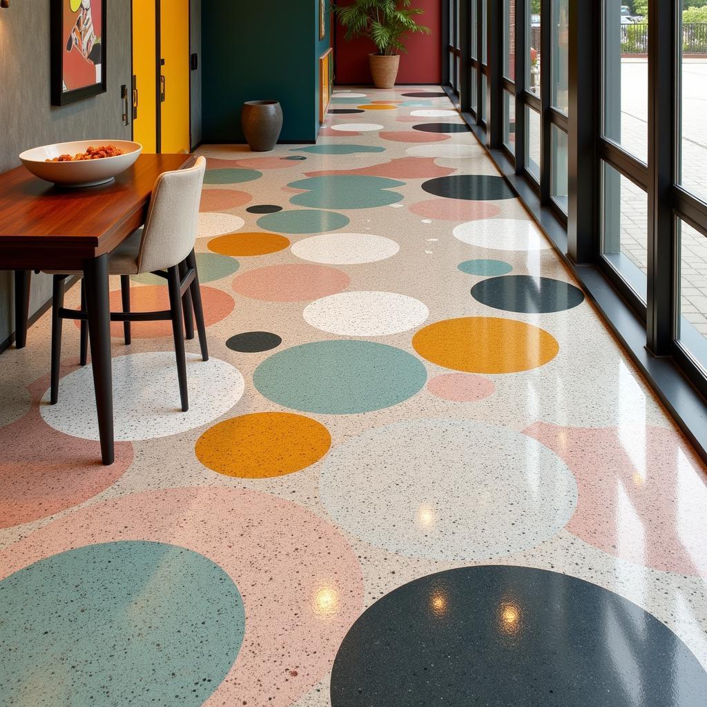 Sàn đá mài terrazzo hiện đại với họa tiết độc đáo và màu sắc tươi sáng