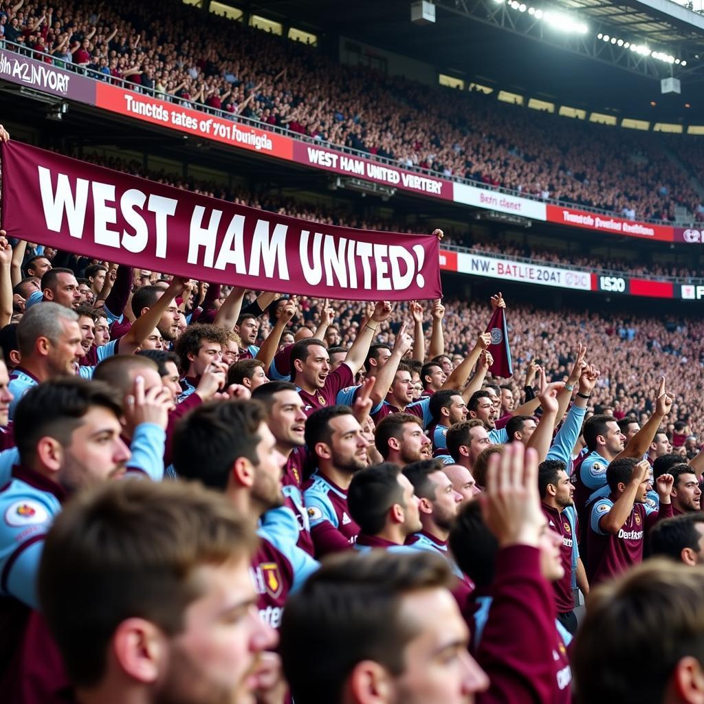 Cổ động viên West Ham trên khán đài sôi động