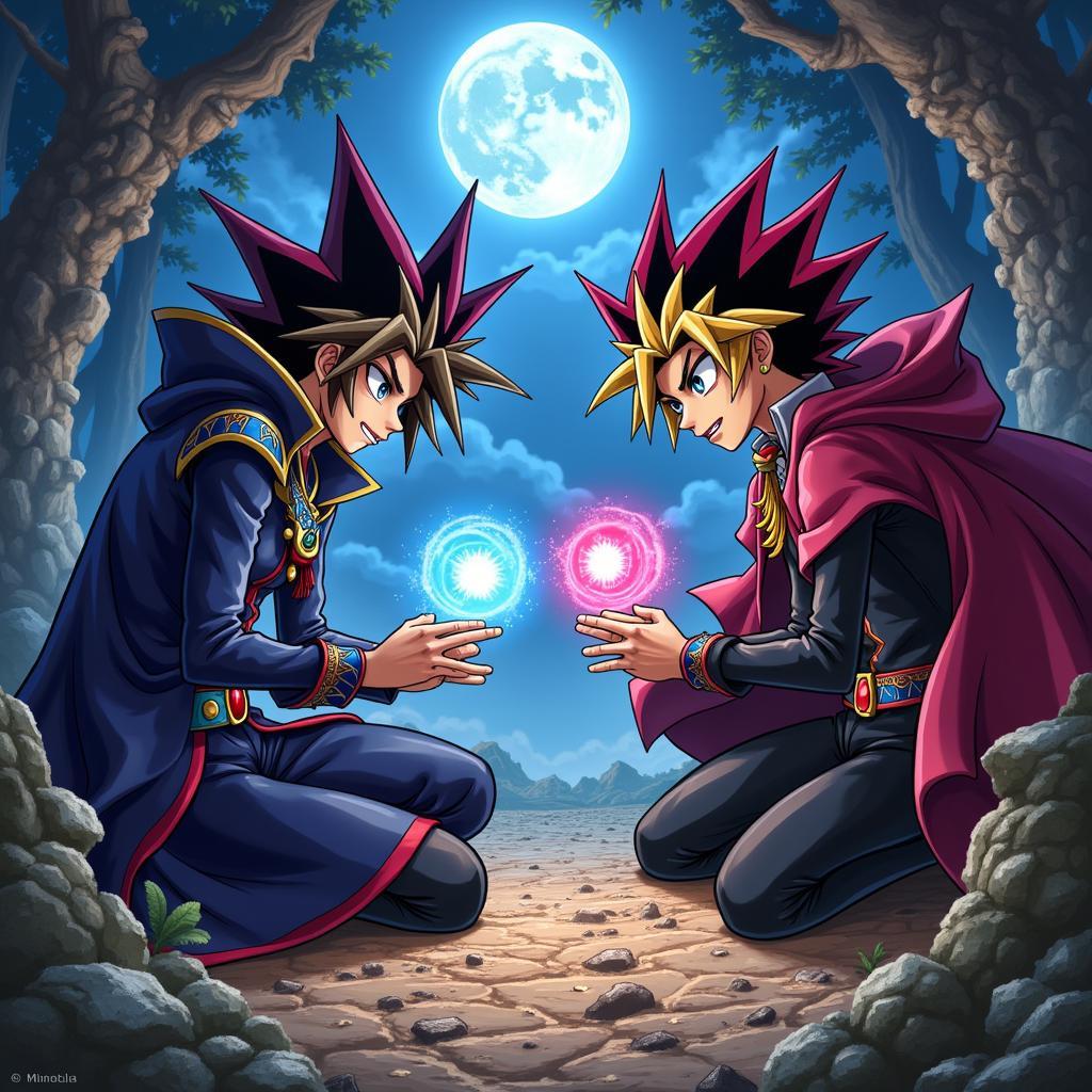 Yugi đối đầu với bản ngã Pharaoh Atem trong một trận đấu bài ma thuật căng thẳng.