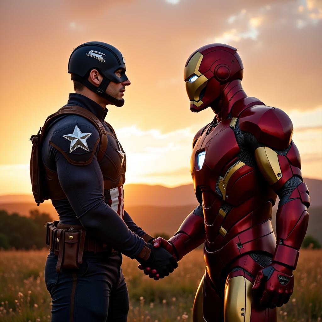 Captain America và Iron Man bắt tay nhau sau cuộc chiến, thể hiện sự tha thứ và đoàn kết.