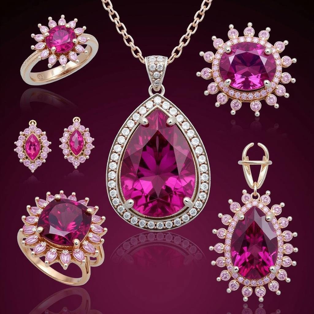 Bộ sưu tập trang sức đá ruby hồng tím lấp lánh, bao gồm nhẫn, mặt dây chuyền và bông tai, thể hiện sự sang trọng và quý phái.