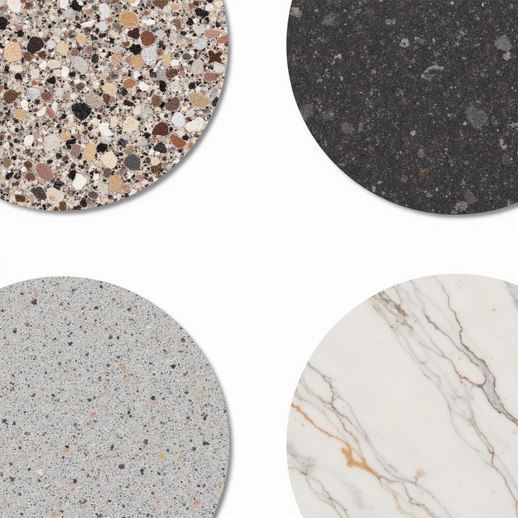 Các loại đá khác nhau được sử dụng cho mặt bàn ăn, từ đá granite, marble đến đá nhân tạo