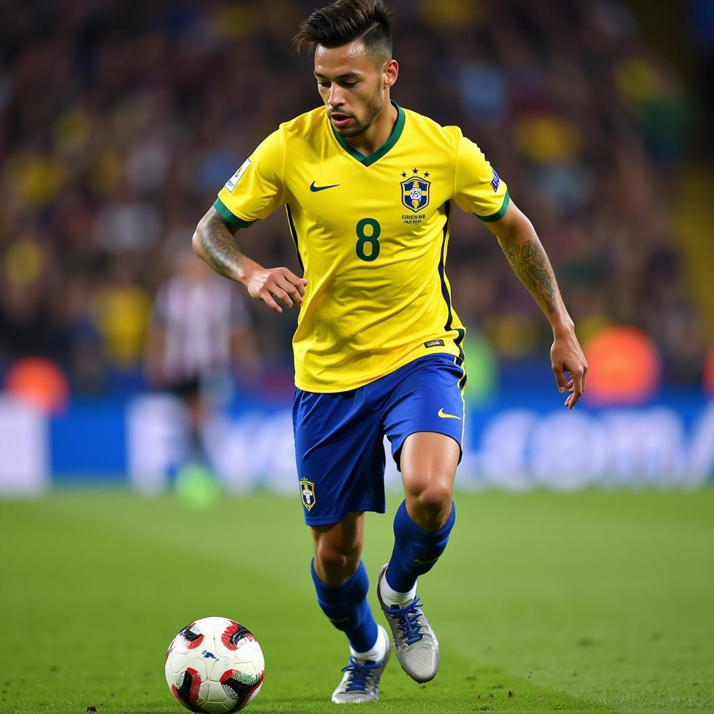 Neymar, một cầu thủ được kỳ vọng sẽ trở thành cậu bé vàng tiếp theo, thể hiện kỹ thuật điêu luyện.