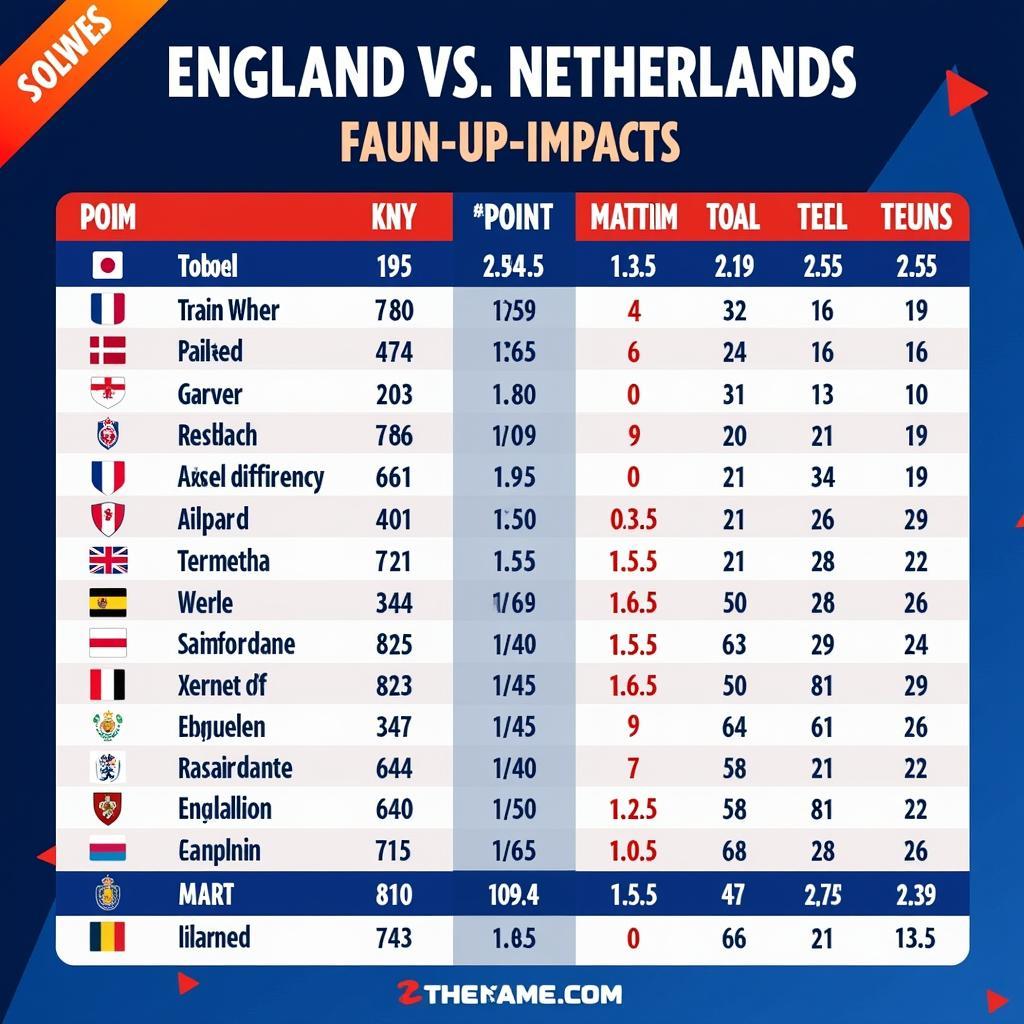 Bảng xếp hạng sau trận đấu England vs Netherlands