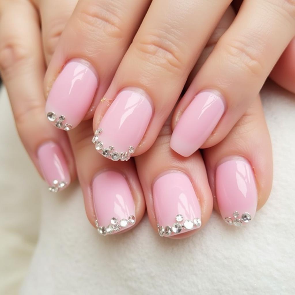 Mẫu nail đính đá đơn giản màu hồng