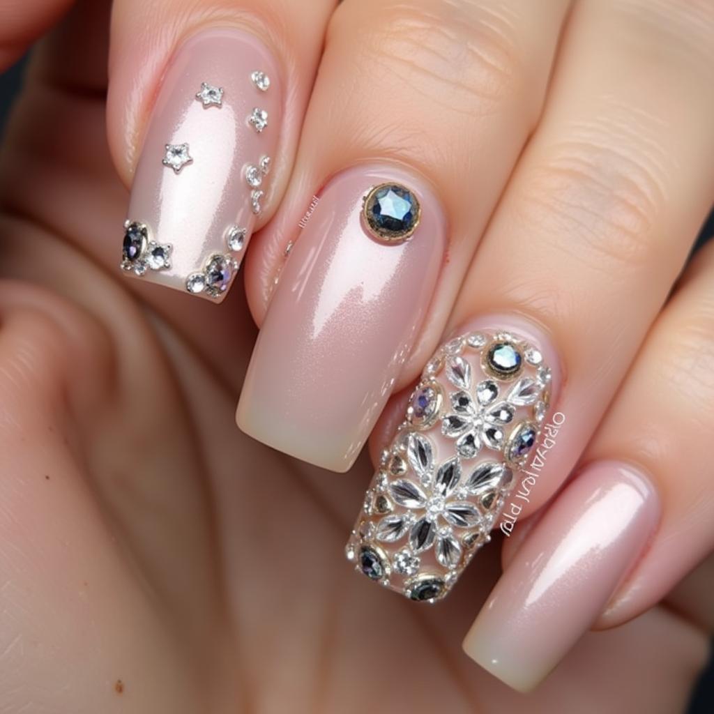 Mẫu nail đính đá pha lê sang trọng, toà ra vẻ đẹp quý phái và thanh lịch cho đôi bàn tay.