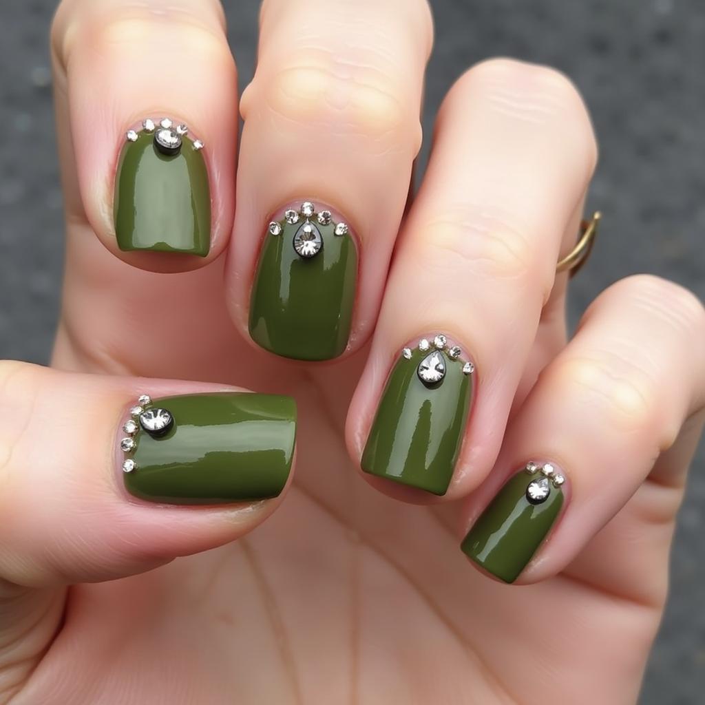 Mẫu nail xanh rêu đính đá đơn giản