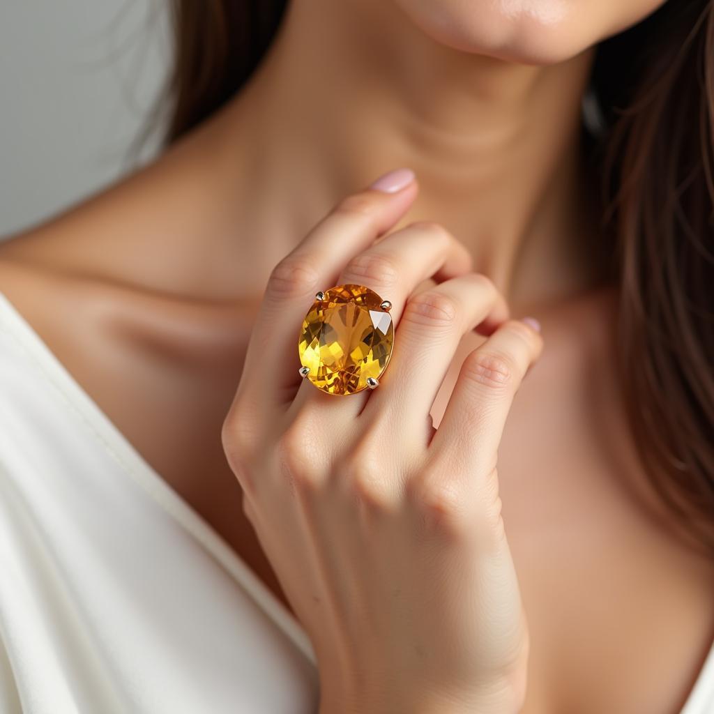 Nhẫn đá citrine vàng rực rỡ trên tay người mẫu