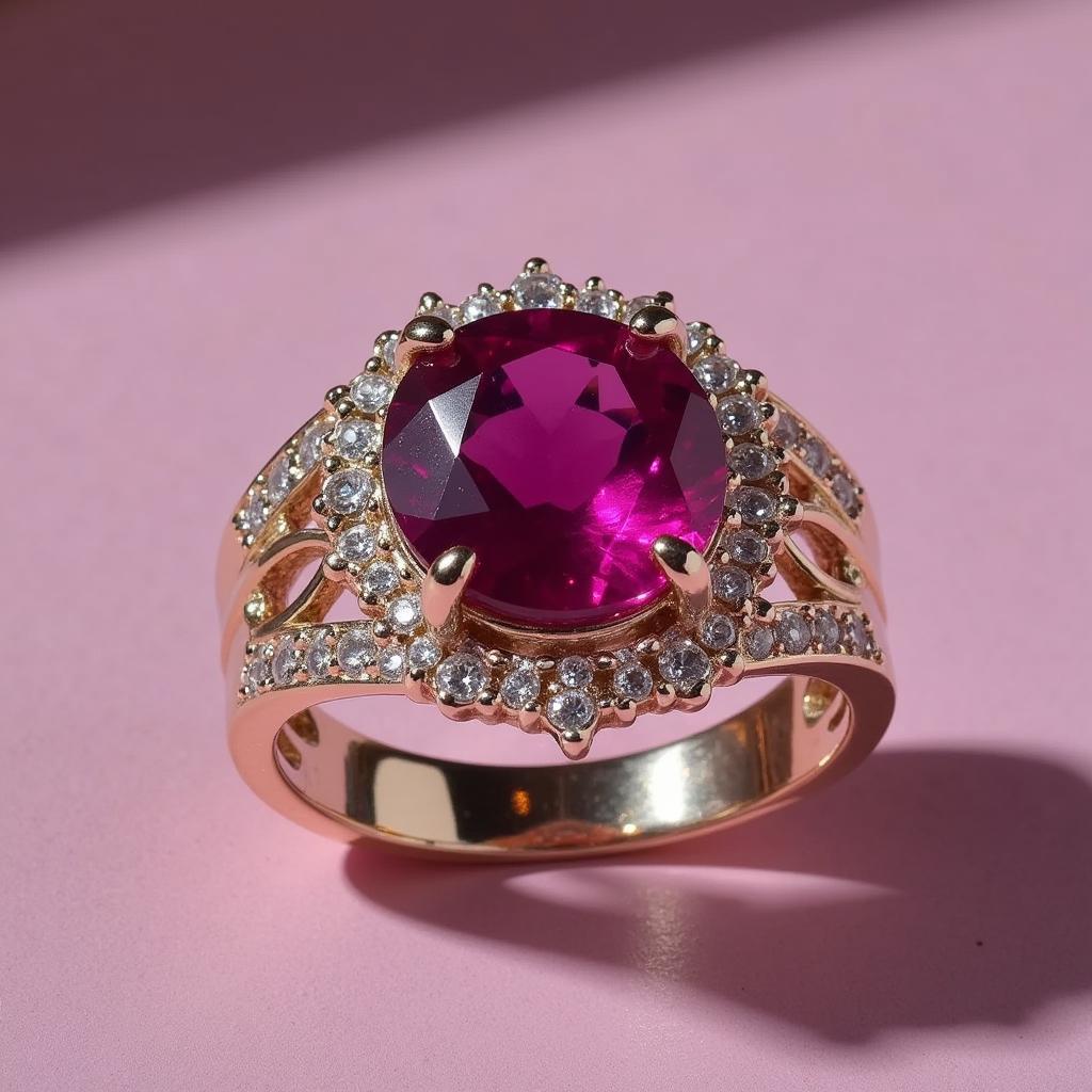 Nhẫn đá ruby hồng tím phong thủy với thiết kế tinh xảo, mang lại may mắn và tài lộc cho người đeo.