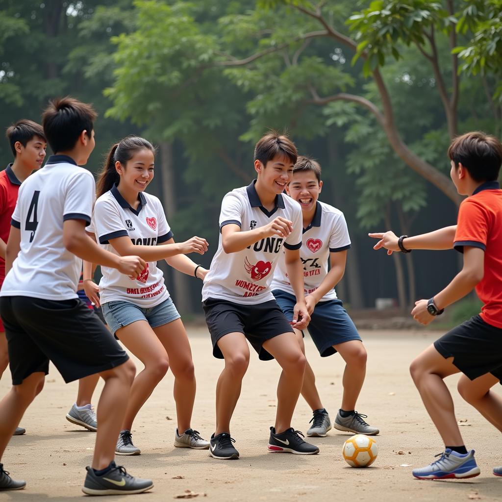 Nhóm bạn chơi nhặt lá đá ống bơ