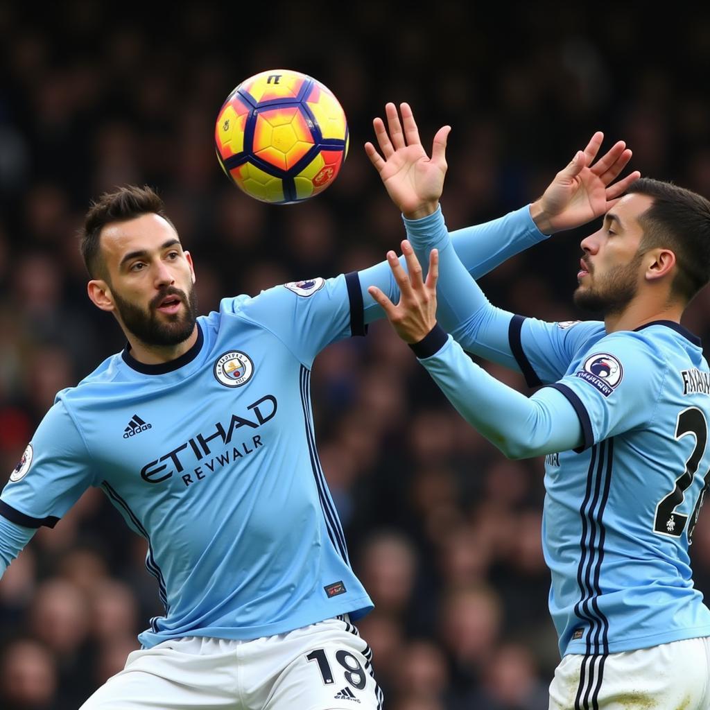 Cầu thủ Man City và Fulham tranh chấp bóng