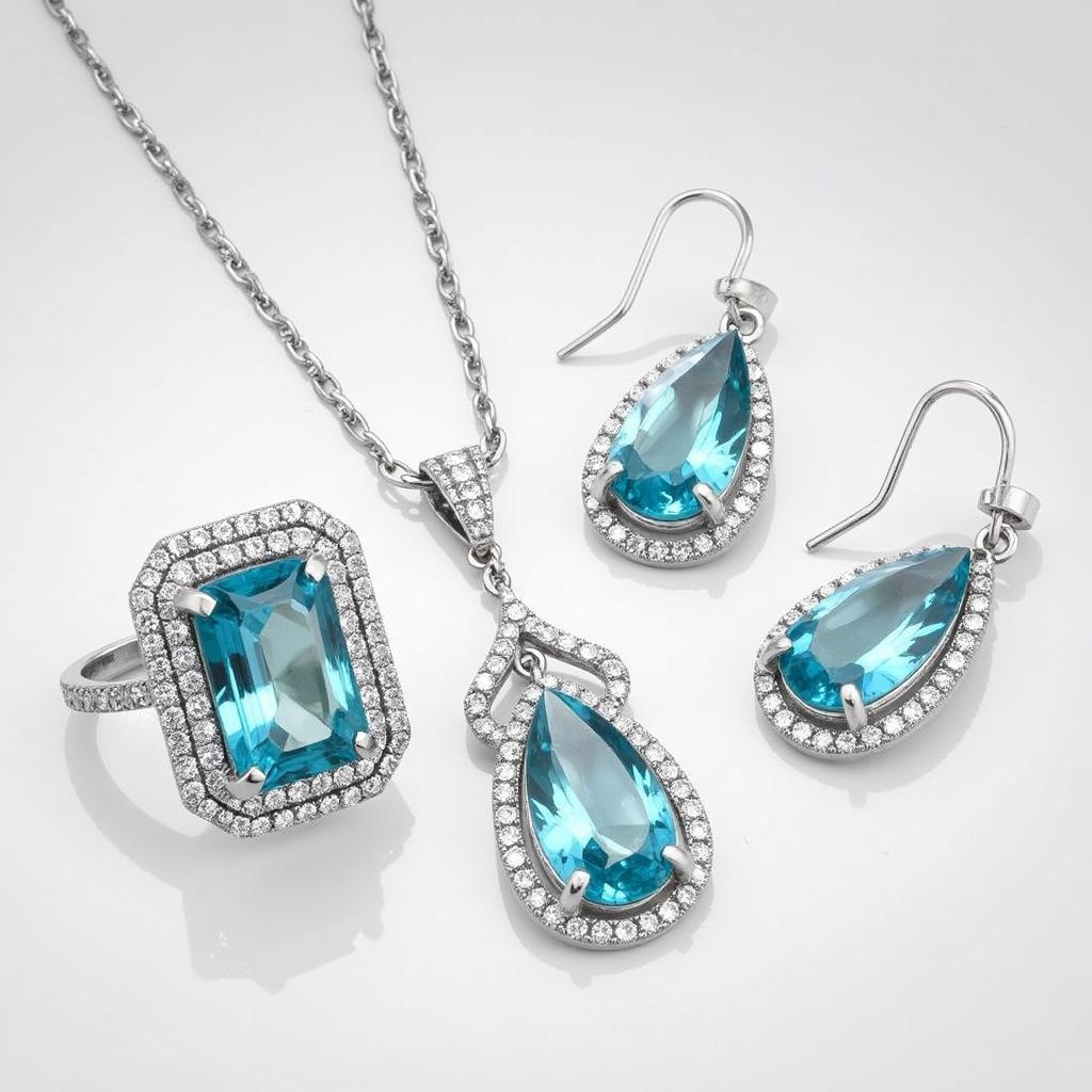 Bộ trang sức đá quý Aquamarine lấp lánh, bao gồm nhẫn, dây chuyền và bông tai, tôn lên vẻ đẹp sang trọng và quý phái.