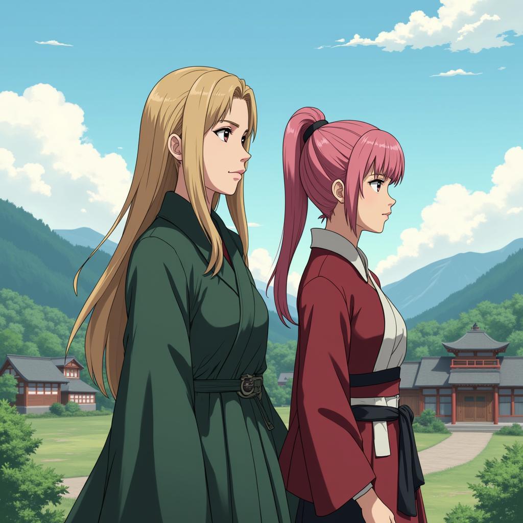 Tsunade và Sakura đứng cạnh nhau.